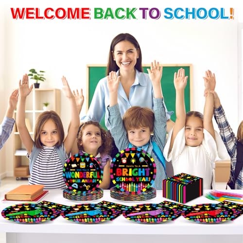Image of 100PCS Back To School Decorations School Season Supplies Paper Plates Napkins Disposable Black Bottom Colorful Pattern Tableware Dinnerware for Student Birthday Picnic First Day of School Serves 25