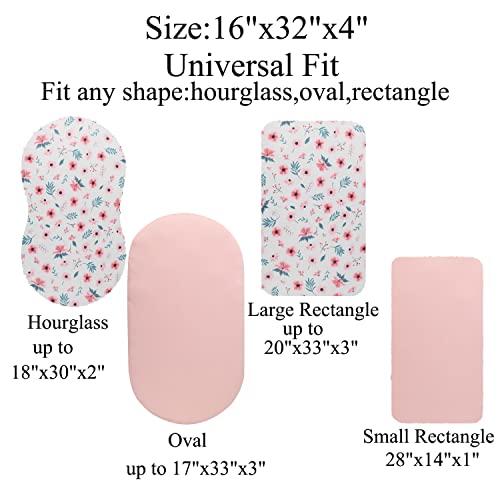 Image of Bassinet Sheet Set 2 Pack Snug Fitted Cradle Fitted Sheets, Stretchy Ultra Soft, for Oval Rectangle Hourglass Bassinet Mattress, Unisex Boy Girl, Floral & Pink