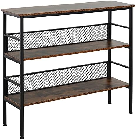HOMCOM 3-Tier Console Table Industrial Style Storage Metal Wooden Shelf with a Robust Multi-Functional Design & Adjustable Feet, Black