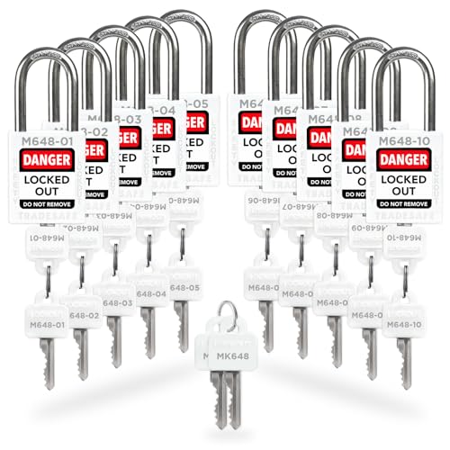 Image of TRADESAFE Lockout Tagout Locks Set with Master Keys - 10 White Loto Locks, Keyed Different Lock Out Tag Out Padlocks, 2 Keys Per Lockout Padlock