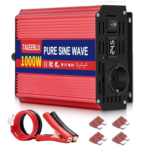 TAGEEBLU 1000W Inversor 24v 220v Onda Pura, Transformador 24v a 220v camion con AC Tomas, Pantalla LCD