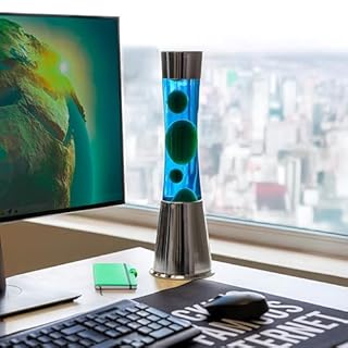 Fisura - Lampe à lave avec base chromée, liquide bleu et lave verte. Effet relaxant, avec ampoule de rechange incluse. Dimensions 11 cm x 11 cm x 39,5 cm.