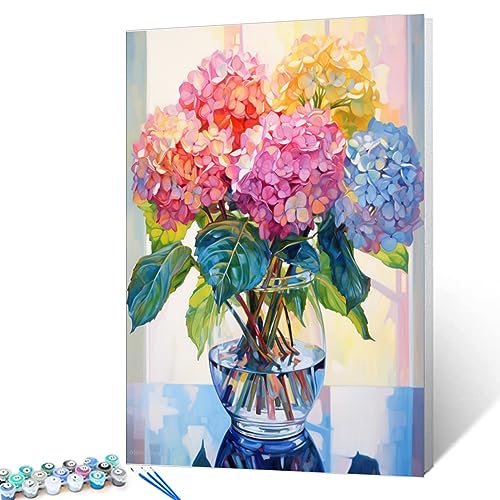 Image of Tucocoo Hydrangea in Glass Vase Window Landscape Paint by Numbers for Adults Beautiful Flower DIY Paint by Numbers Acrylic Paint Canvas Colorful Flowers Painting Kits Art 16x20 Inch（Without Frame）