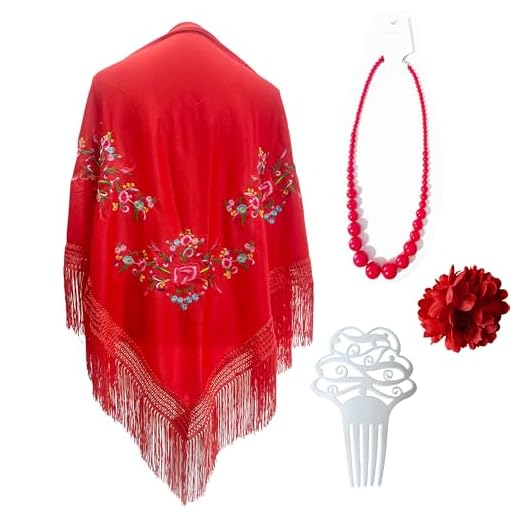 Mantón Bordado en Flores para Baile Flamenco Español, Set de Complementos Sevillana, Mantón, Collar, Flor y Peineta Flamenca para Adultos (Rojo)