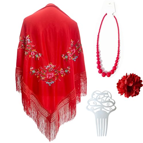 Mantón Bordado en Flores para Baile Flamenco Español, Set de Complementos Sevillana, Mantón, Collar, Flor y Peineta Flamenca para Adultos (Rojo)