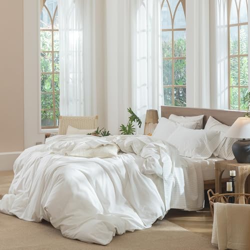 Image of MooMee Striped Sheet Set 100% Washed Cotton Linen Like Queen