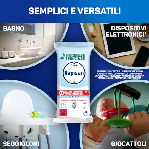 Napisan Salviette Tripacco Disinfettanti Total Protectio, Confezione da 120 Salviette Disinfettanti Biodegradabili e Compostabili Multisuperfici