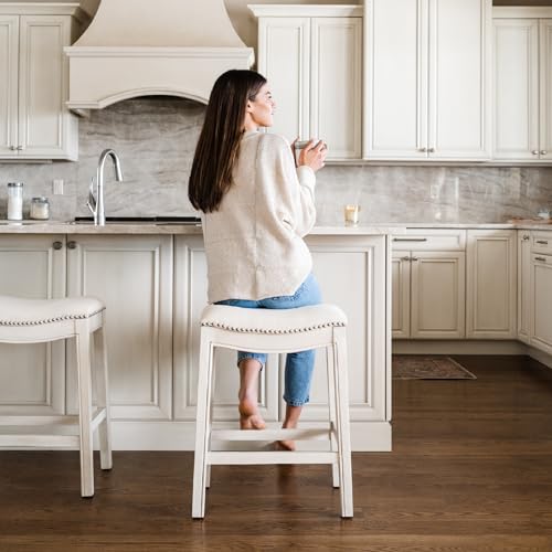 Image of Maven Lane Adrien Backless Counter Stool - Set of 4 - 26 Inches - Saddle Stool with Footrest - Cream Solid Wood Frame & Cream Fabric Upholstery - Perfect for Kitchen Islands & Counters