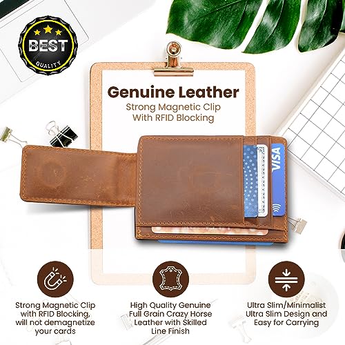 Genuine Leather Money Clip Wallet, Minimalist Mens Wallet, Strong Magnetic Clip with RFID Blocking, Card Case With Money Clip, Slim Front Pocket Wallet, Money Holder with ID Window (Brown)3