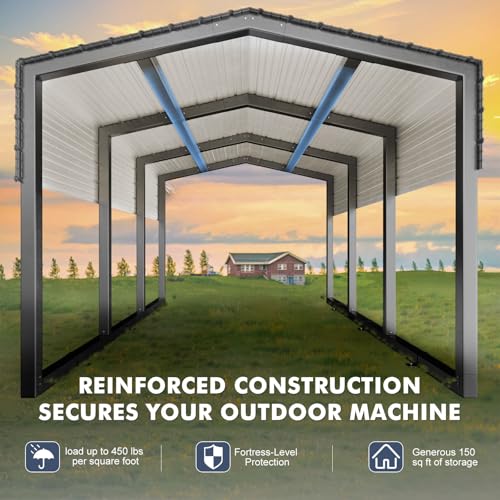 Image of Metal Carport 10x15ft Heavy-Duty | Military-Grade Reinforced Garage Kits with Steel Roof & Hurricane | 80lbs /Sq.Ft Snow /RV /Camper /Truck /Tractor Shelter Outdoor