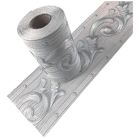 Simplemiuji Silver Flower 3D Wallpaper Border Peel & Stick PVC Wall Covering Kitchen Bathroom Bedroom Tiles Decor Sticker,4 Inch by 16.5 Feet1 Cover