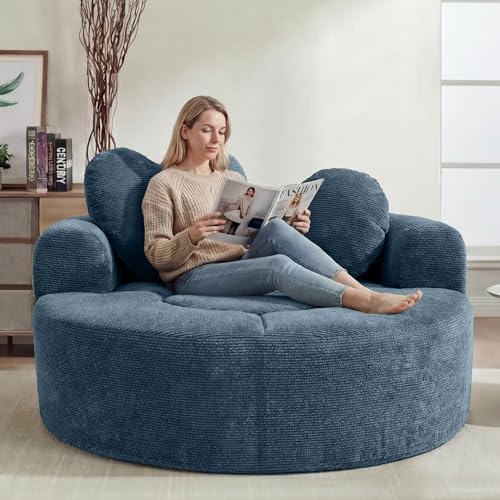 Image of Oversized Round Chair Lounge Chaise Indoor, 54.3 inch Upholstered Corduroy Deep Seat Single Cloud Sofa Chair with Heart-Shaped Pillow Modern Large Circle Boneless Couch for Living Room, Blue