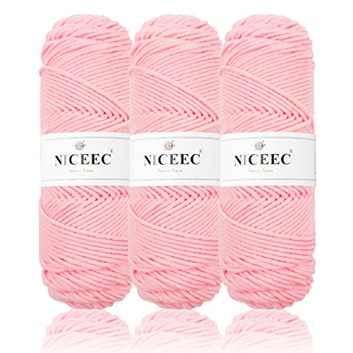 Niceec 3 Skeins Soft Yarn 100% Acrylic Yarn 8 Ply Yarn Light Pink Yarn For Crochet Knitting Light Worsted Yarn Blanket Yarn For Diy Craft Total Length 3×135 Yds/3×100G-Light Pink #TOP25