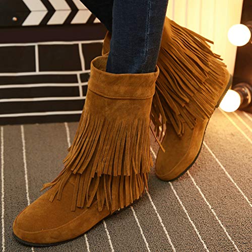 Caradise Womens Faux Suede 2 Layer Tassel Fringe Ankle Boots Flat Mid Calf Boots2