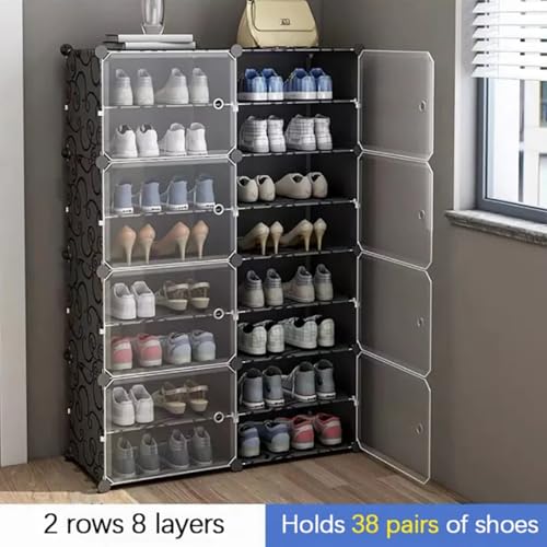 Image of Zemic DIY Portable Shoe Rack for Home Plastic Shelves Household, Shelf Shoe Rack with Dustproof Door for Heels /Slippers /Boots for Entryway or Bedroom (Black, 16-Shelf-8-Door)