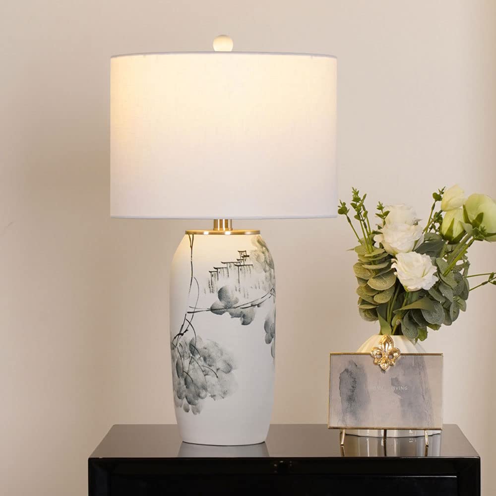 21,6-Calowa Ręcznie Malowana Ceramiczna Lampa Stołowa Led Z Pejzażem, Chińska Lampa Retro Do Sypialni, Stolik Nocny, Gabinet, Salon, Korytarz.