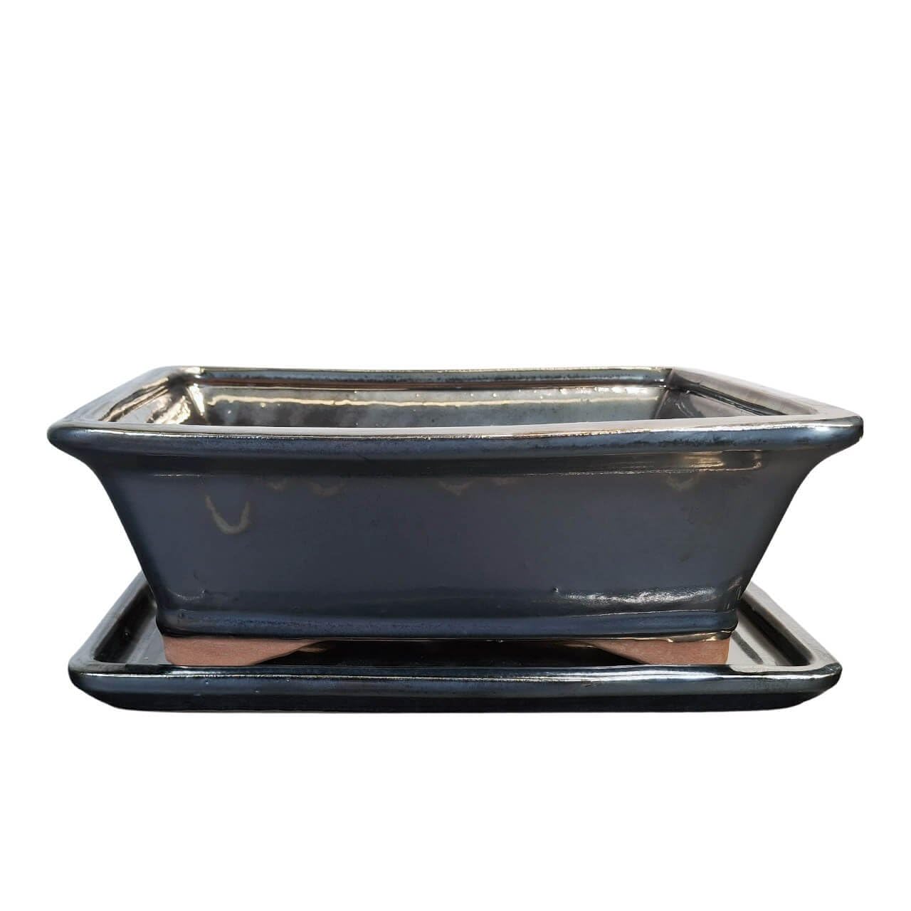 Grey Bonsai Pot & Drip Tray | 265x215x90 | Glazed Ceramic Pot | Metallic-Style