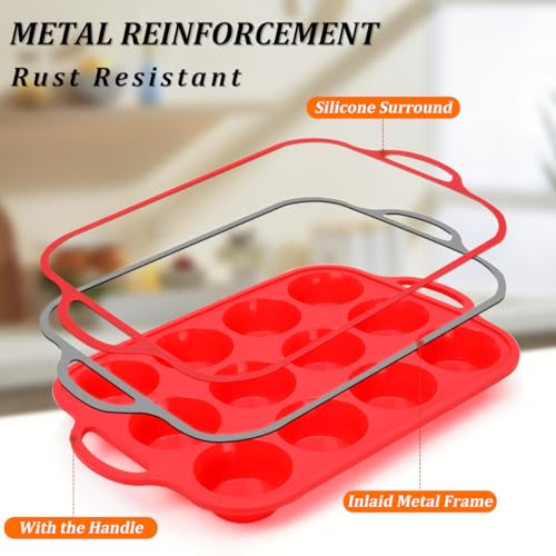 Image of CAKETIME Silicone Muffin Pan, Metal Reinforced Frame Silicone Cupcake Pan Regular Size 12 Cups Nonstick Muffin Tins for Baking Easy to Move 2 Pack Red