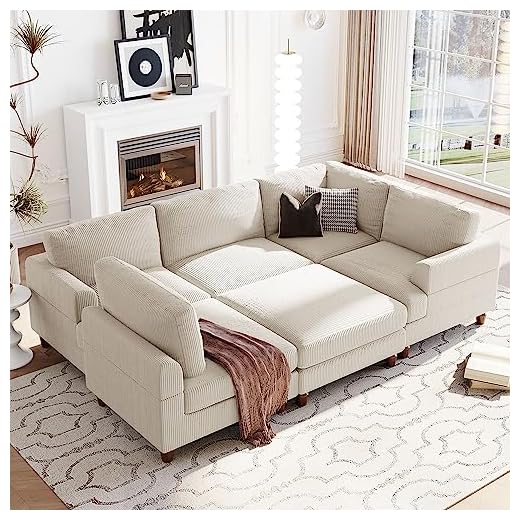 Eafurn L Shaped Modular Sectional Sofa with Reversible Chaise and Ottoman, Corduroy Symmetrical Corner Couch, Oversized Convertible Sleeper Sofa & Couch Bed for Living Room, Beige 6 Seater