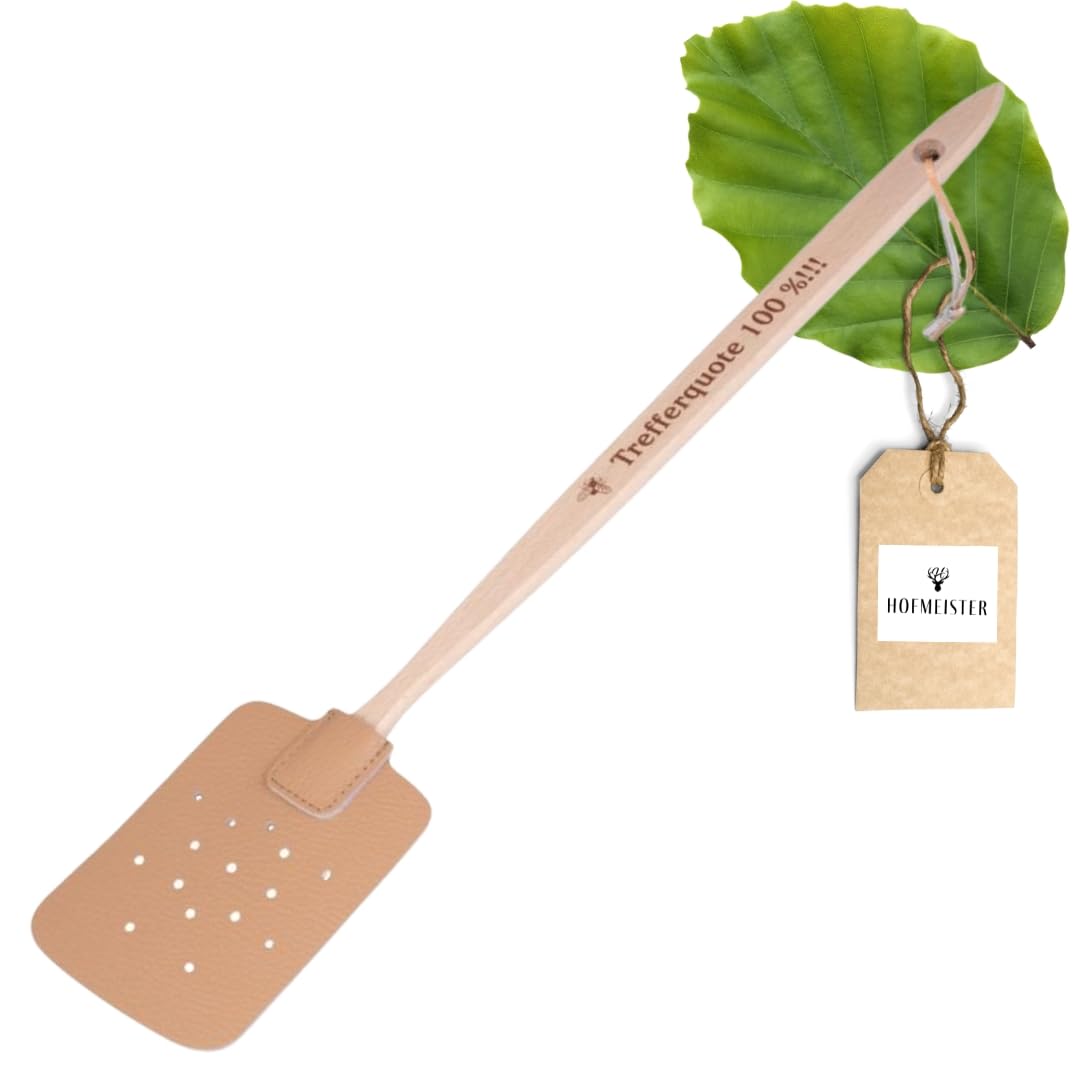 HOFMEISTER® Fliegenklatsche Groß aus Leder, Fliegentöter mit Holzstiel, Mückenklatsche, Insektenvernichter, Holzgriff, Effektiver Fliegenvertreiber & Mückenvernichter