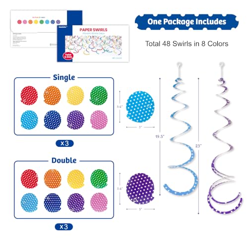 Image of HonuGoGo 48-Piece Paper Swirl Decorations for Ceiling, Bright Polka Dot Multi-Color Single & Double Spiral Hanging Decor with Playful Style for Birthday Parties, Carnival & Classroom Celebrations