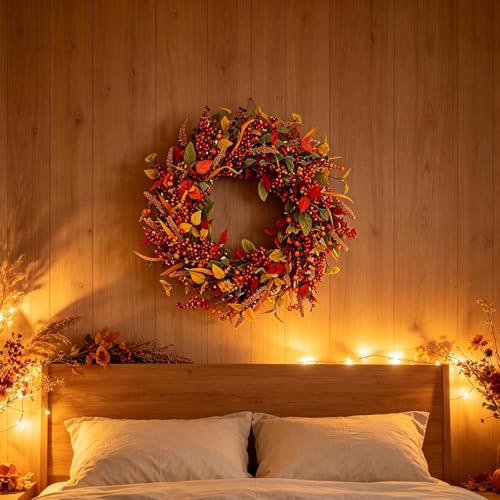 Wreaths for Front Door, 13 Inch Easy to Maintain Lightweight Versatile Realistic Red Berry Decorative Faux,Fade Resistant Weather Resistant Artificial Fall Wreath for Farmhouse Home Wall (Orange) - image 2