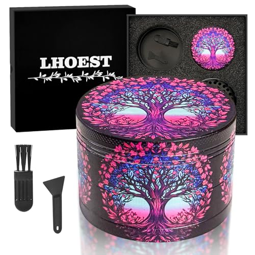 LHOEST Grinder Grand broyeur 63 mm Moulin à épices avec grattoir et brosse en plastique Grinders 4 couches Violet Rose Arbre Design Pollen Grinder Métal Lot...