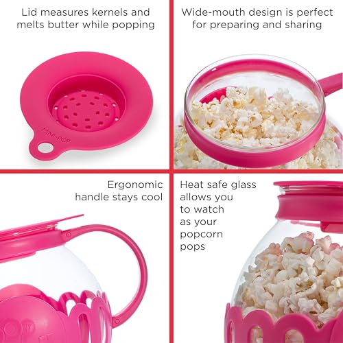 Ecolution Patented Micro-Pop Microwave Popcorn Popper with Temperature Safe Glass, 3-in-1 Lid Measures Kernels and Melts Butter, Made Without BPA, Dishwasher Safe, 3-Quart, Hot Pink