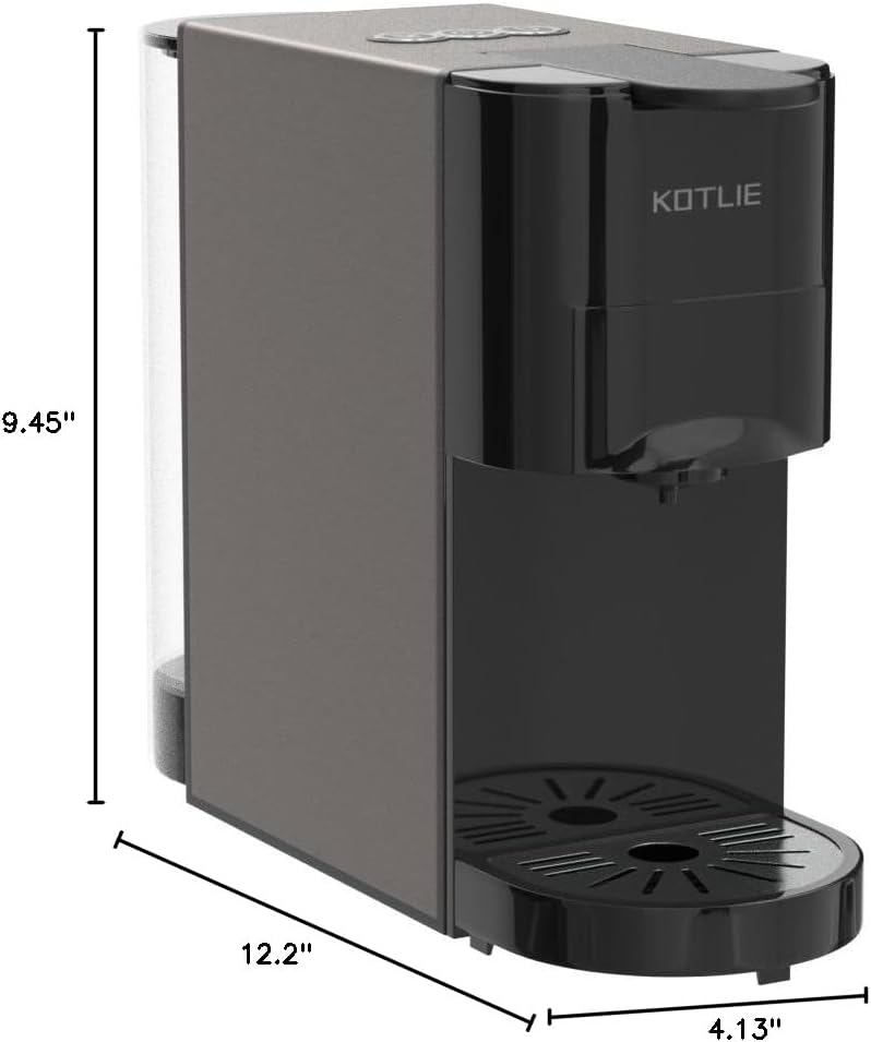 KOTLIE AC-513K Coffee Maker with dimensions labeled: 12.2 inches deep, 4.13 inches wide, 9.45 inches high.