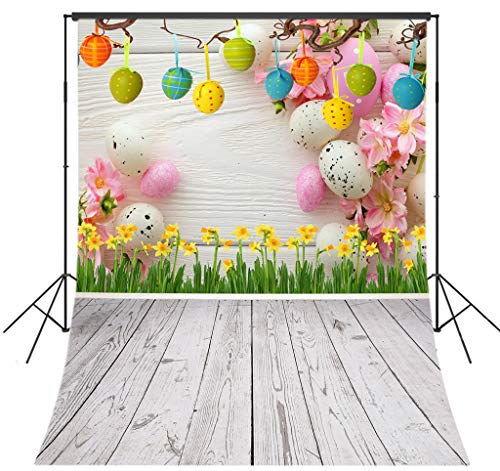 LB 6x9ft Fabric Spring Easter Backdrops for Photography Colorful Eggs Flowers Rustic Wood Backdrops for Easter Baby Shower Party Kids Portraits Banner Photo Booth Studio Props