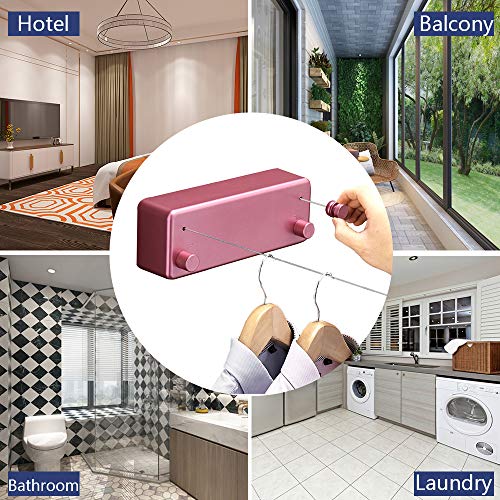 Image of Bakala Retractable Clothesline,Portable Travel Outdoor Indoor Clothesline Rope,Wall Mounted Space-Saver,Adjustable Stainless Steel Double Rope String,Clothes Drying Rack for Balcony,Bathroom(Pink)