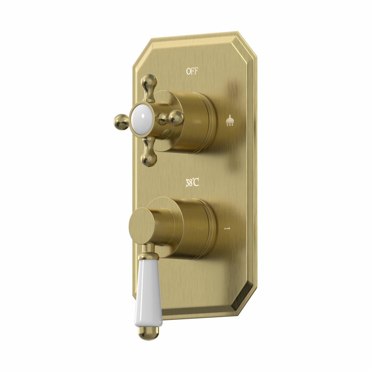 Baystone® Thermostatic Bathroom Shower Mixer Valve Concealed Dual Twin Outlet Wall Mounted Lever Crosshead Handle Diverter Traditional, Brushed Brass
