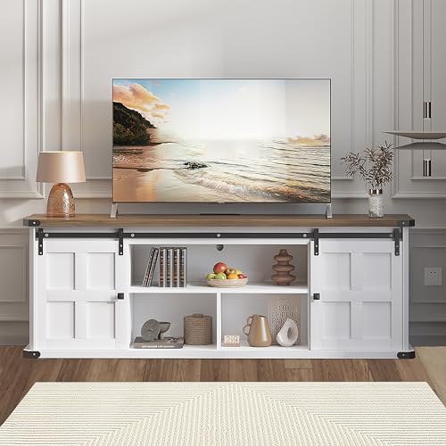 TV Stand for 75/80 Inch TV, Farmhouse Entertainment Center with Storage, 70 Inch TV Cabinet with Sliding Barn Door and Power Outlet, TV Console for Living Room