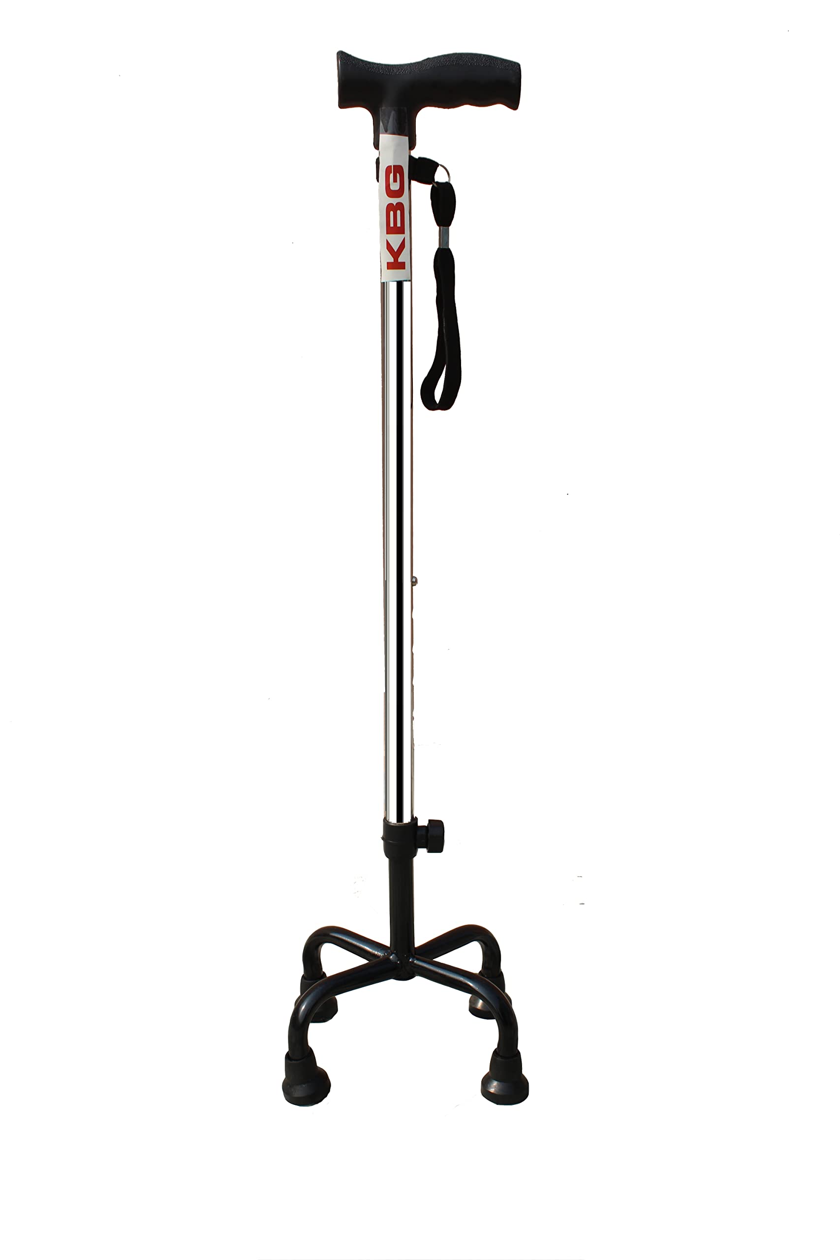 KBG Surgical 4 Leg Black Base Height Adjustable with Hand Dori Walking Cane Quadripod Walking Stick for Elderly & Those Physically Challenged (Chrome Finish) (Hand dori)