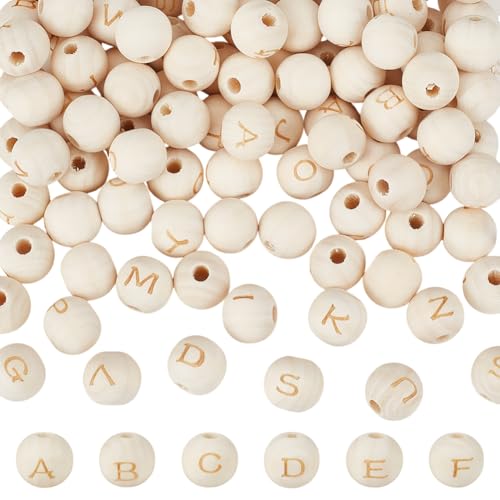 OLYCRAFT 104 cuentas redondas de madera del alfabeto, 26 cuentas de letras, 13 mm, agujero de 4 mm, madera natural, 4 juegos