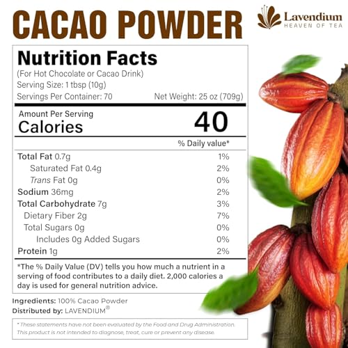 Image of Lavendium, 6oz Cacao Powder, 100% Natural & Pure, Unsweetened, Rich Chocolate Flavor, Perfect for Baking & Smoothies, No Additives or Preservatives, No Gluten, Vegan