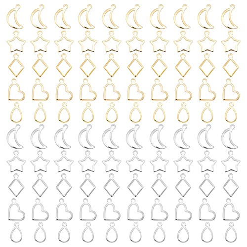 PH PandaHall Hollow Frame Pendants 100pcs 10 Styles 304 Stainless Steel Rhombus/Heart/Moon/Teardrop/Star Resin Craft Bezels Open Bezels for DIY UV Resin Casting Jewelry Making