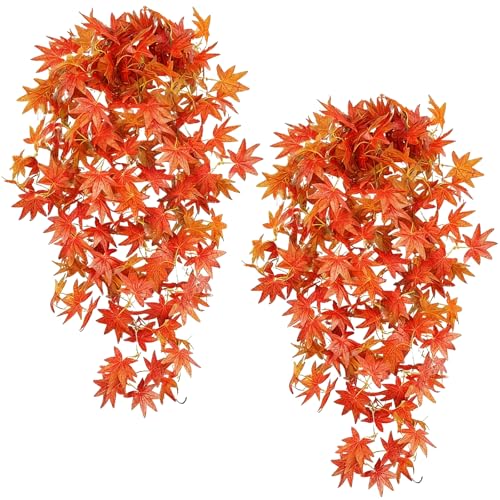 EDFHSEZ 2Pcs Artificial Fall Hanging Maple Leaves Plants Outdoor UV Resistant No Fade Fake Plastic Plants for Thanksgiving Day Decor Autumn Garden Porch Window Boxe