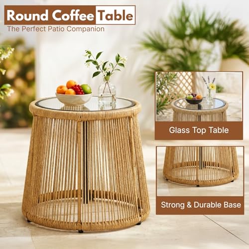 Image of DEVOKO Patio 3 Pieces Porch Backyard Garden Outdoor Rope Chairs with Weather Resistant Cushions and Glass Top Table Conversation Set (Beige and White)
