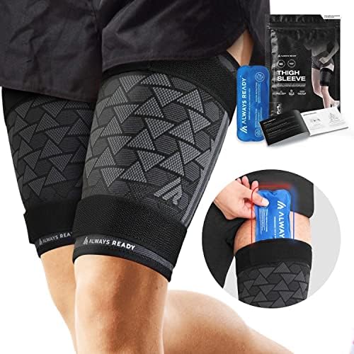 Always Ready, Thigh Compression Support Sleeve (2 Per Pack) with Hot & Cold Gel Pack for Hamstring & Quadricep Muscle Strains & Injury, Men & Women, Two Adjustable Compression Straps, Non-Slip (M)