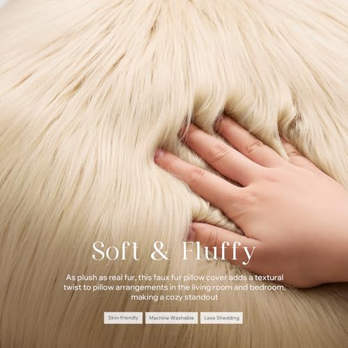 Image of Phantoscope Faux Fur Pillow Cover Decorative Fluffy Throw Pillow Mongolian Luxury Fuzzy Pillow Case Cushion Cover for Bedroom and Couch, Light Beige 18 x 18 Inches