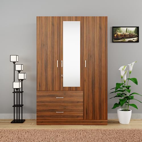 Image of VIKI Wardrobe | Wooden Almirah for Clothes,Door for Bedroom, 3 Door Wardrobe with Drawer, Mirror & Hanging Space (Brussel Walnut - 40D x 120W x 180H) | 1 Year Warranty | Free Assembly