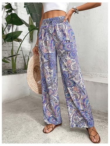 SOLY HUX Women's Boho Pants High Waisted Wide Leg Print Pants Casual Summer Palazzo Beach Trousers4