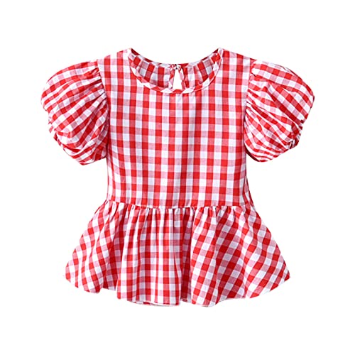 Toddler Baby Girls Plaid Blouse Pleated Crew Neck Short Sleeve Shirts Infant Smocked Peplum Summer Tops Casual Clothes