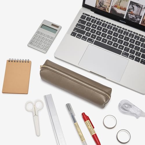 Image of Faux Leather Color Pencil Case Multifuncional and Simple with Zipper for School (Pearl Brown)