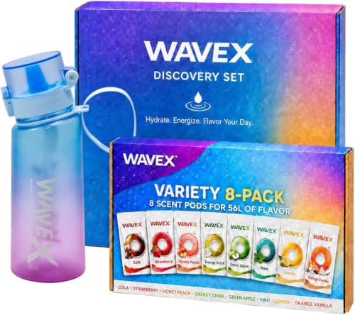 Wavex Scented Water Bottle + 8 Aroma Scent Pods (Cola, Strawberry, Honey Peach, Energy Drink, Green Apple,Mint,Lemon,Orange Vanilla), Flip Top Lid, Straw &amp; Carry Strap Included (Sunset Coral Blue)