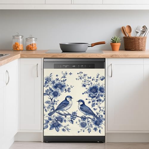 Image of Blue Birds Refrigerator Magnet Cover,Retro Flowers Washable Dishwasher Magnets Decorative Cover,Home Kitchen Decorative Dishwasher Front Panel Cover 23x26 Inch