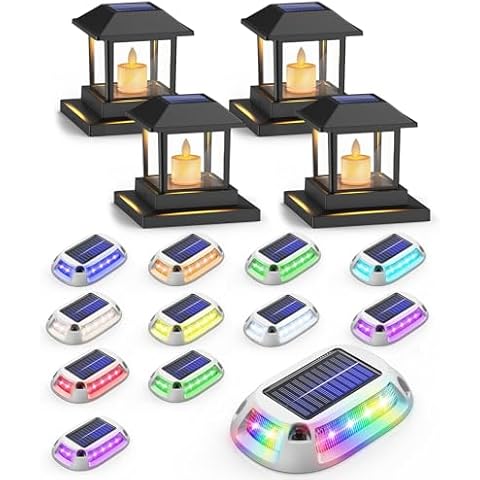 VIODAIM 12Pack Solar Driveway Lights + 4Pack Solar Post Lights, Candlelight Flickering, Aluminum Driveway Markers, Stay on All Night Cover