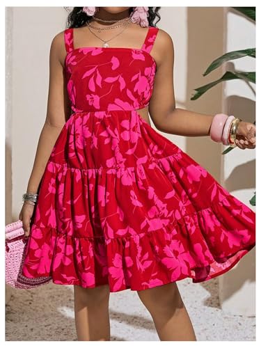 Girls Backless Bowknot Floral Flowy Dresses Tropical Vacation Sleeveless Layered Short Dress4