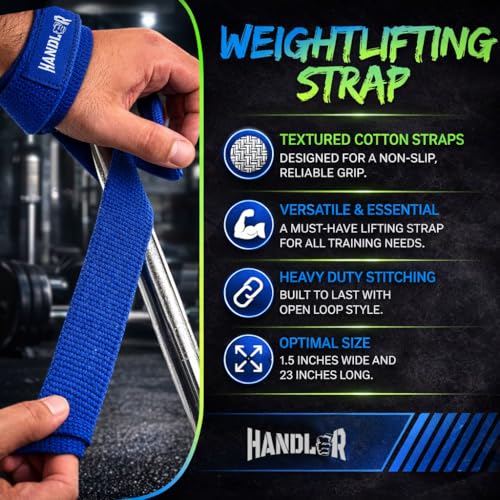 Image of Handler 23-Inch Weight Lifting Straps for Gym Workout - Wrist Support Wraps for Deadlifts, Calisthenics, Boxing & Strength Training - Non-Slip Grip, Neoprene Padded Gym Accessories for Men & Women (Blue, 23 Inches)